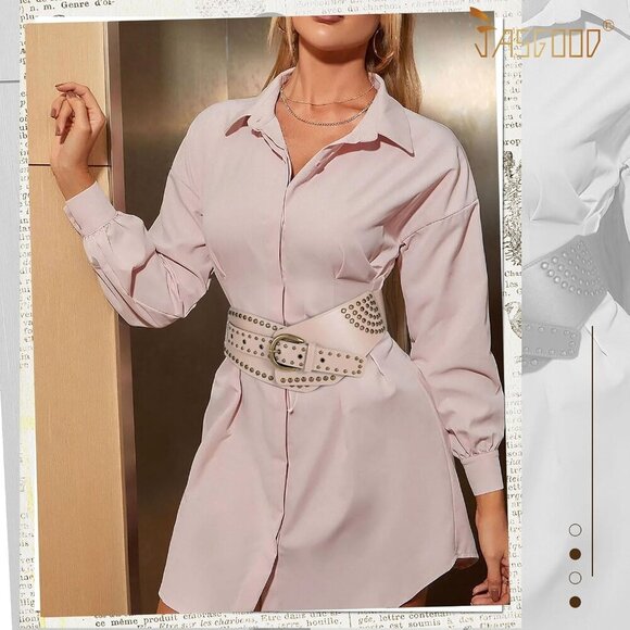 Women Vintage Wide Elastic Studded Stretchy Waist Belt Rivets Metal Buckle Beige main image 5